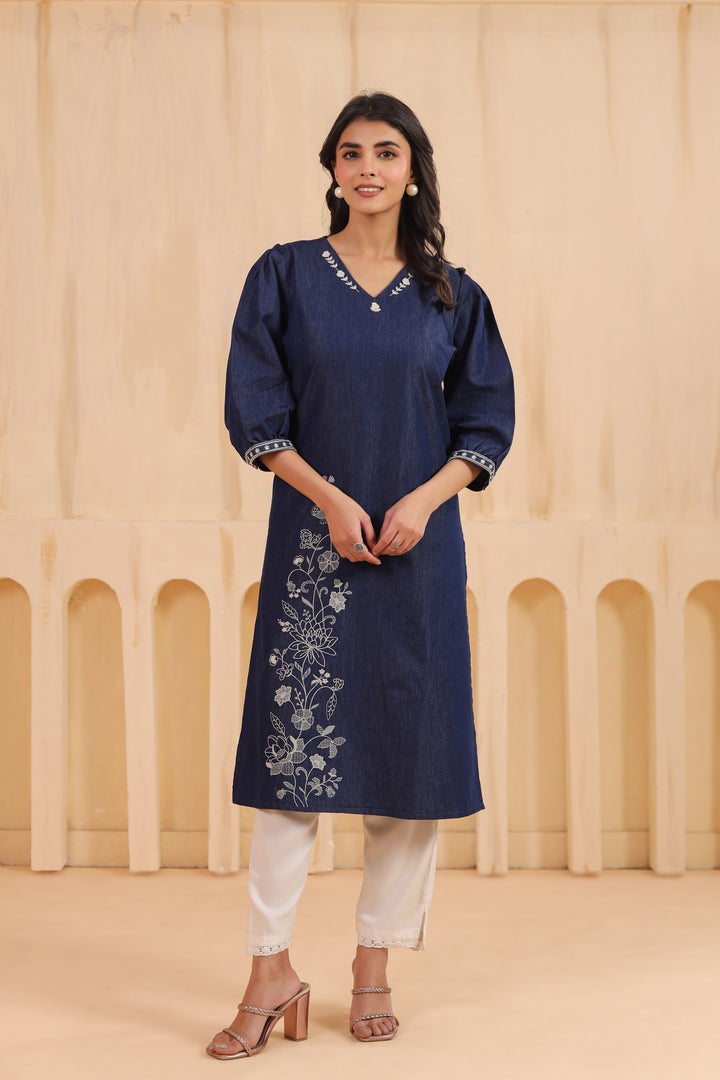 Blue Denim Embroidered Designer Kurta