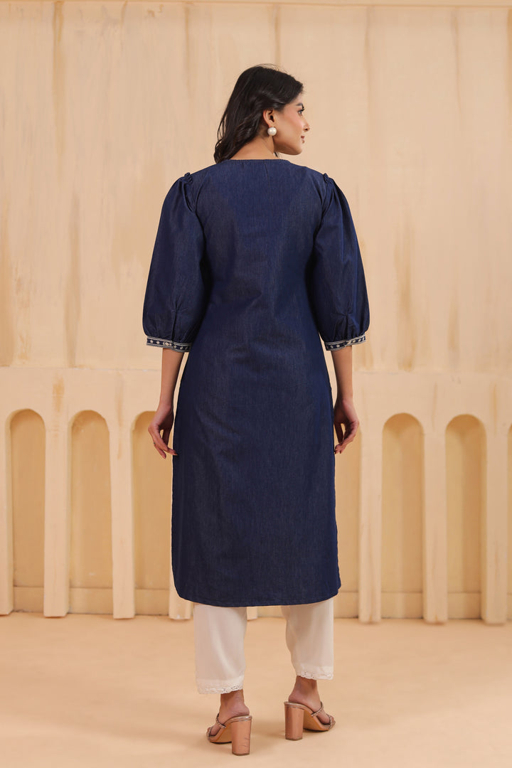 Blue Denim Embroidered Designer Kurta
