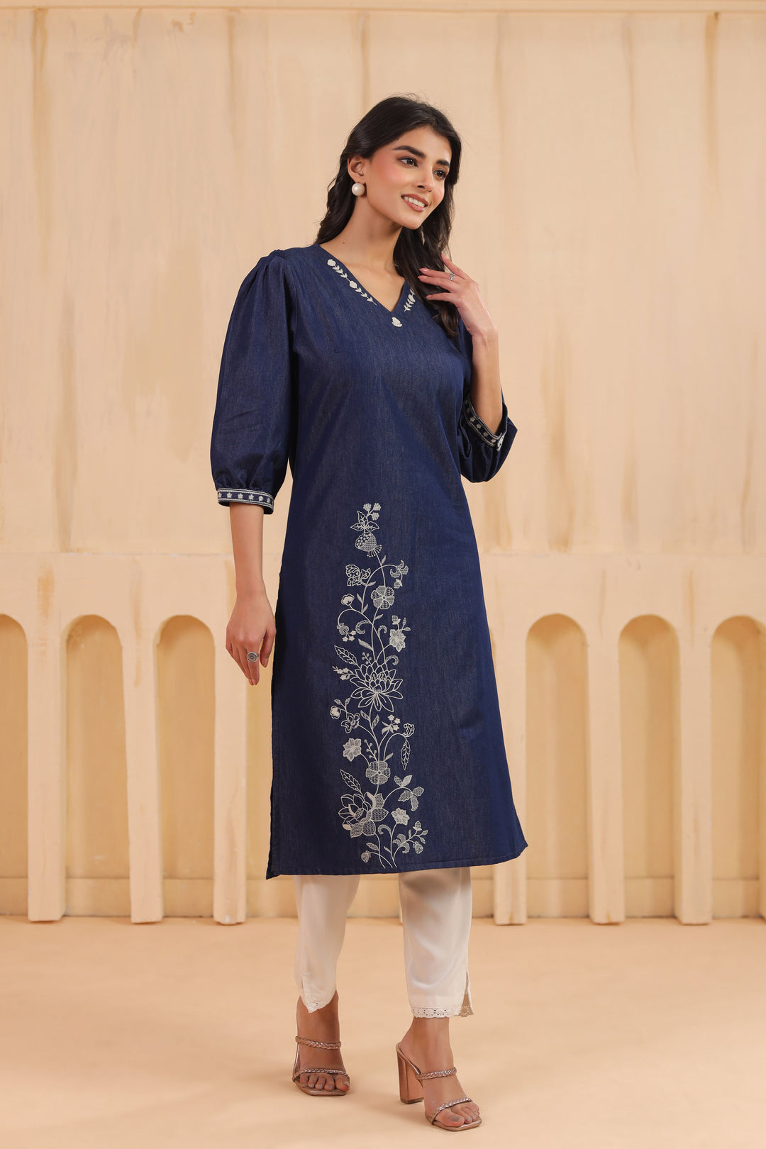 Blue Denim Embroidered Designer Kurta