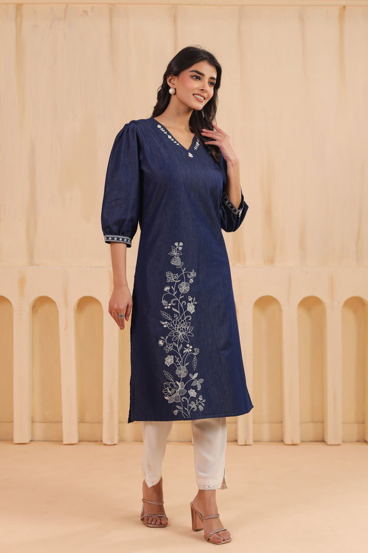Blue Denim Embroidered Designer Kurta
