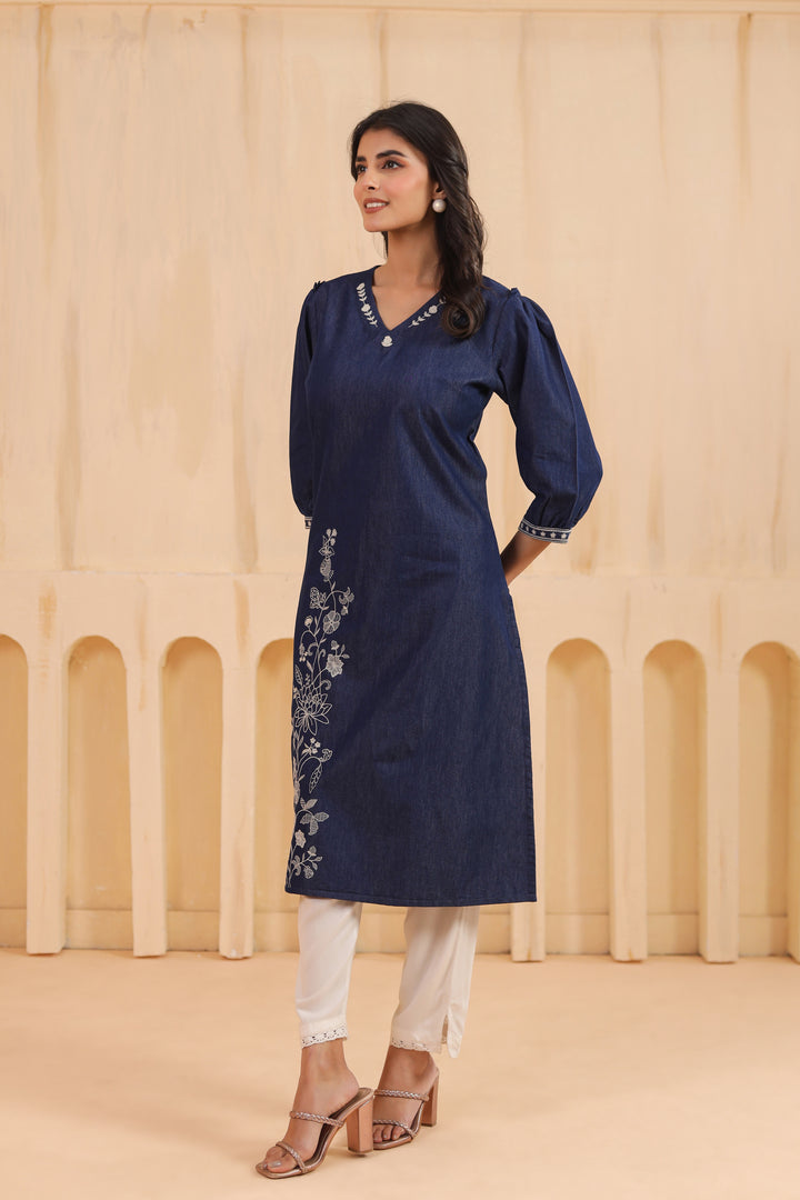 Blue Denim Embroidered Designer Kurta