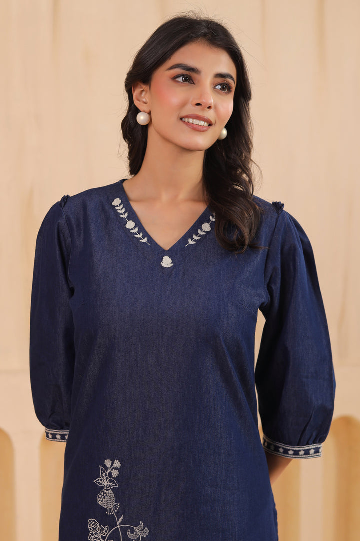 Blue Denim Embroidered Designer Kurta