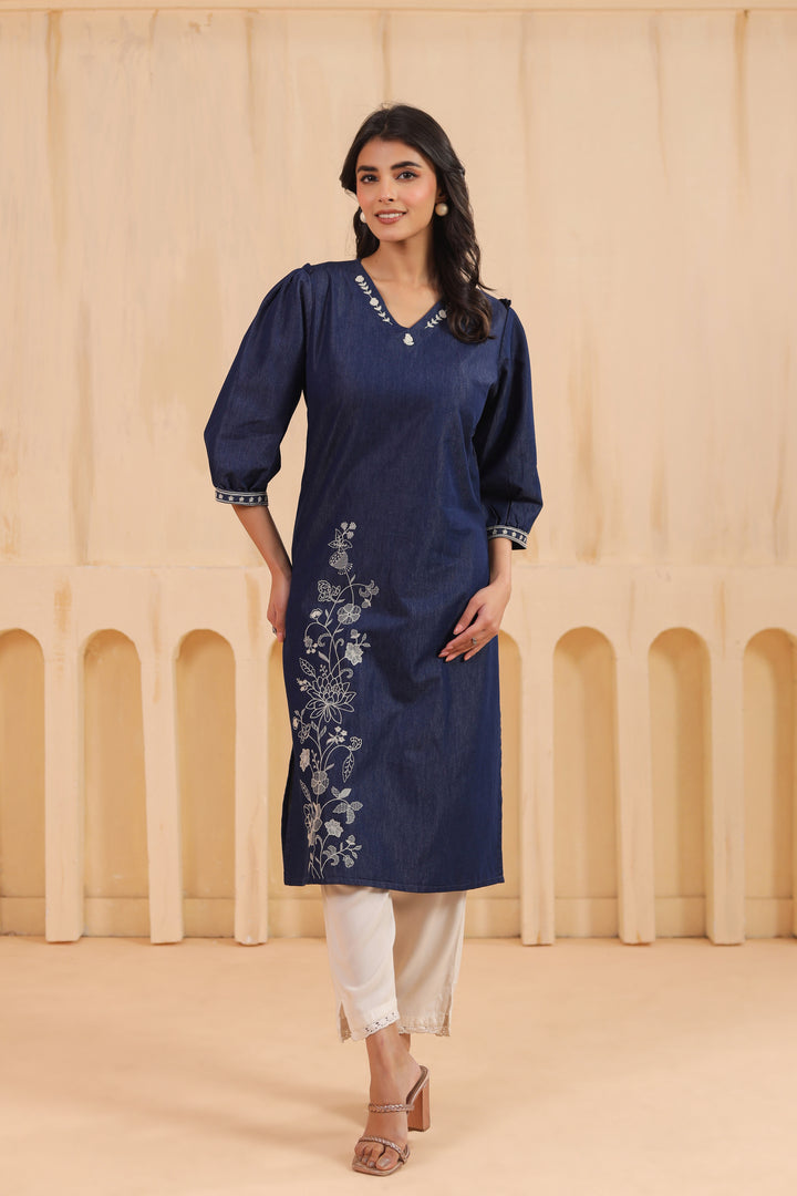 Blue Denim Embroidered Designer Kurta