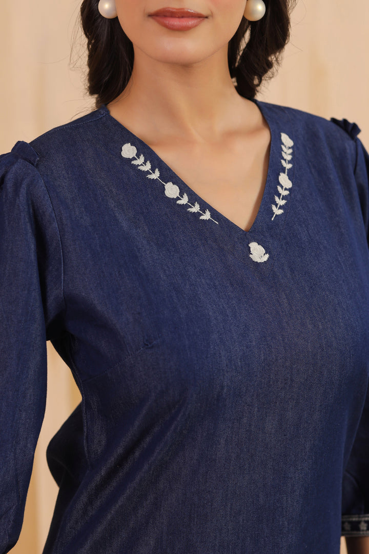 Blue Denim Embroidered Designer Kurta