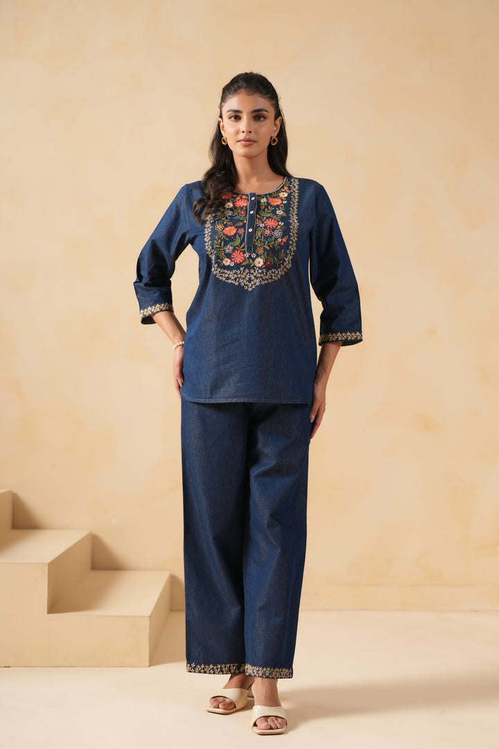 Dark Blue Denim Embroidered Co-Ord Set