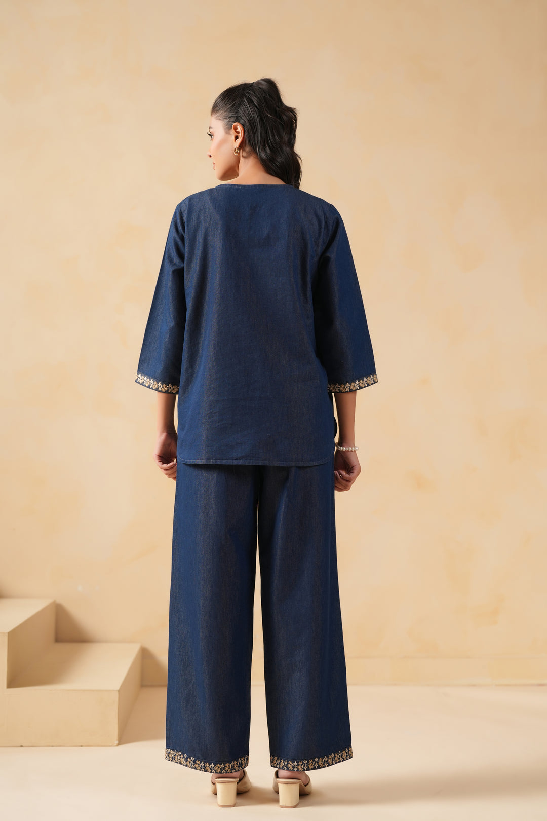 Dark Blue Denim Embroidered Co-Ord Set