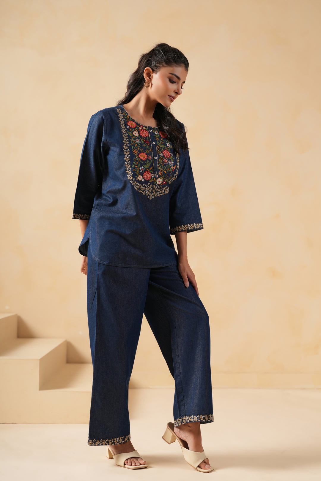 Dark Blue Denim Embroidered Co-Ord Set
