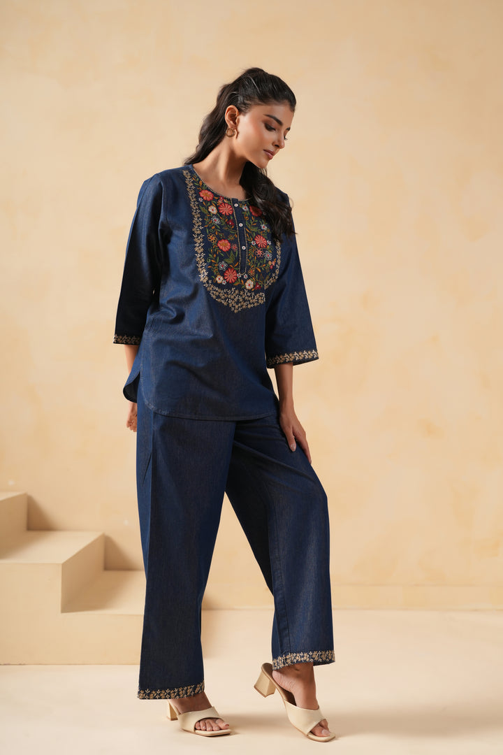 Dark Blue Denim Embroidered Co-Ord Set