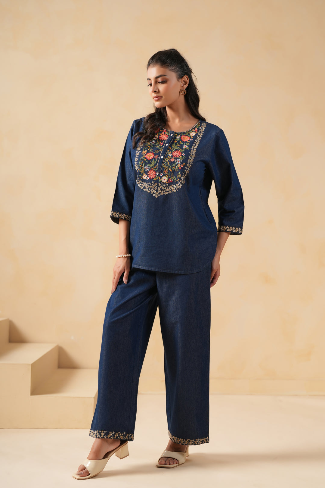 Dark Blue Denim Embroidered Co-Ord Set