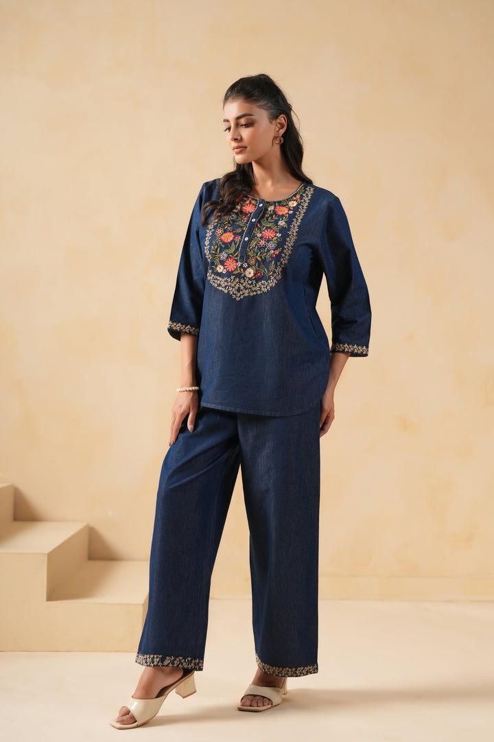 Dark Blue Denim Embroidered Co-Ord Set