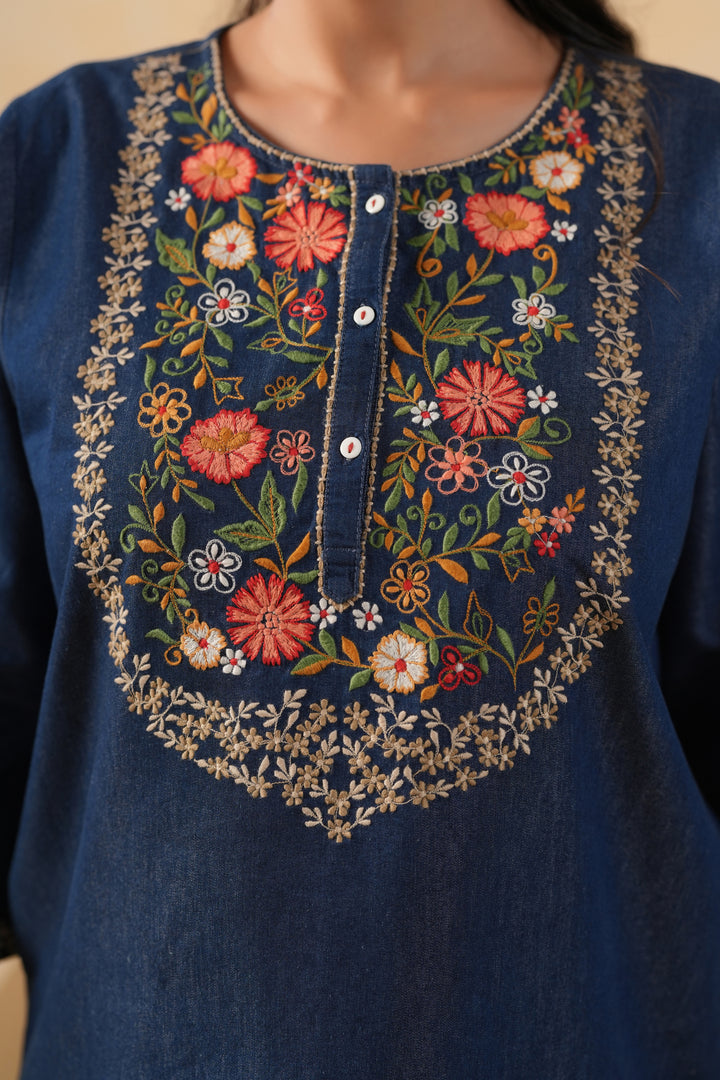 Dark Blue Denim Embroidered Co-Ord Set