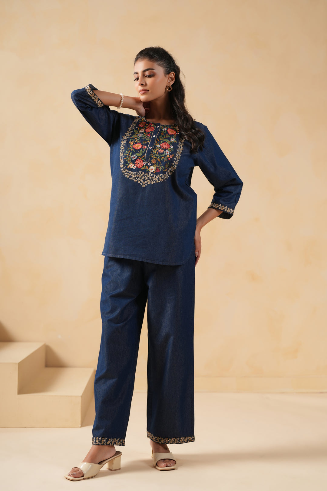 Dark Blue Denim Embroidered Co-Ord Set