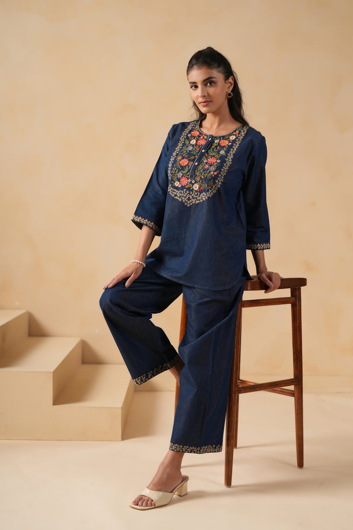 Dark Blue Denim Embroidered Co-Ord Set