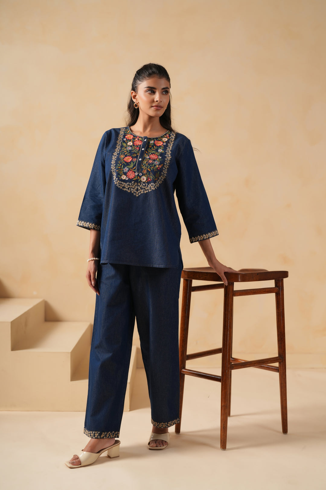 Dark Blue Denim Embroidered Co-Ord Set