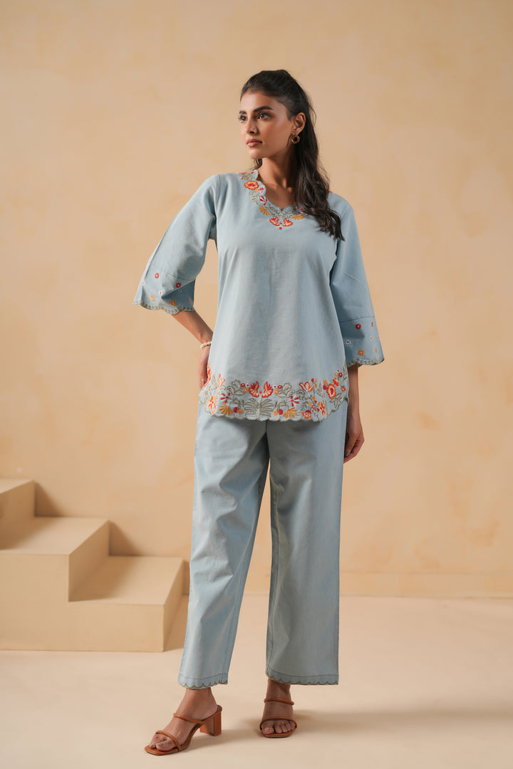 Denim Light Blue  Embroidered Co-Ord Set