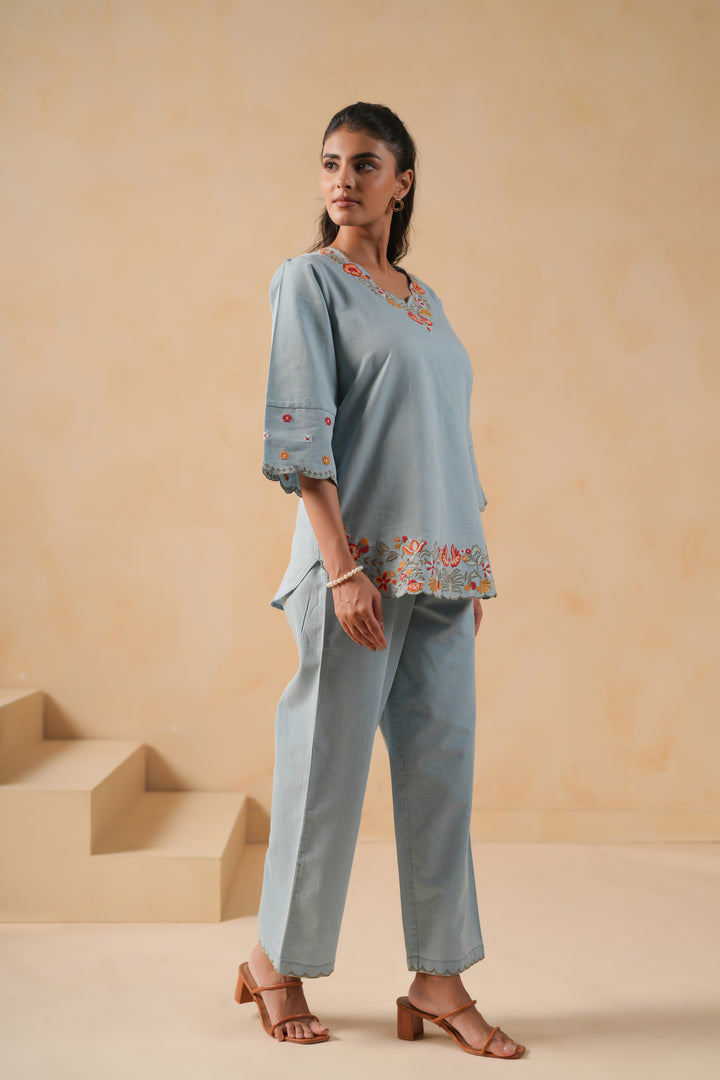 Denim Light Blue  Embroidered Co-Ord Set