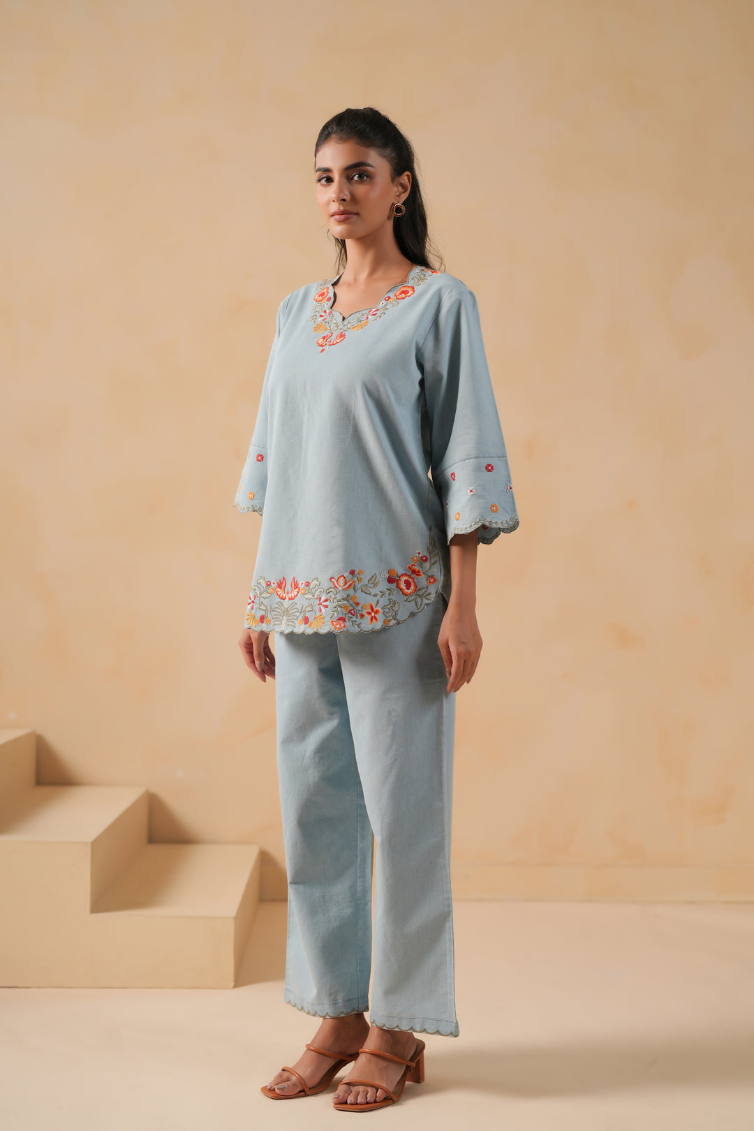 Denim Light Blue  Embroidered Co-Ord Set
