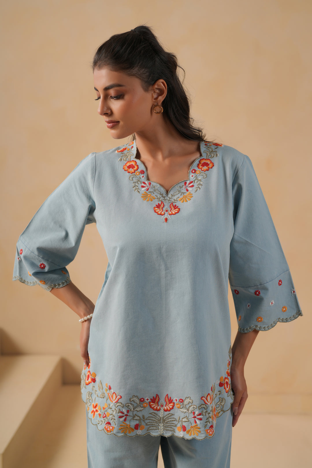 Denim Light Blue  Embroidered Co-Ord Set