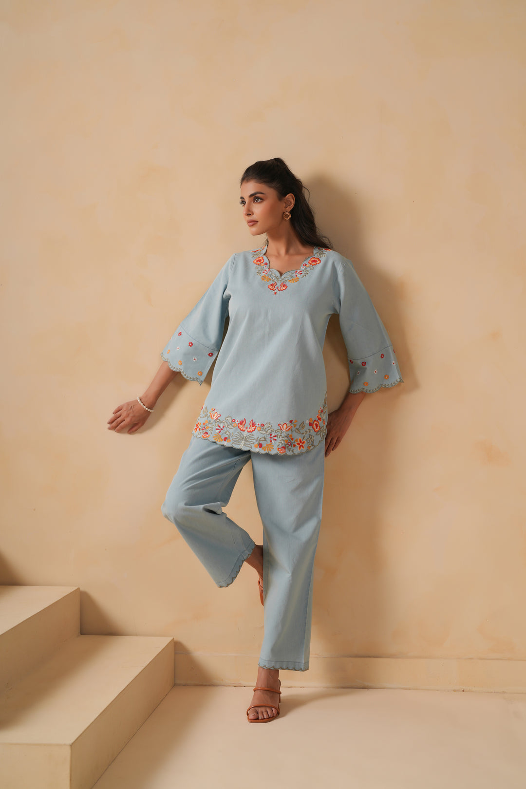 Denim Light Blue  Embroidered Co-Ord Set