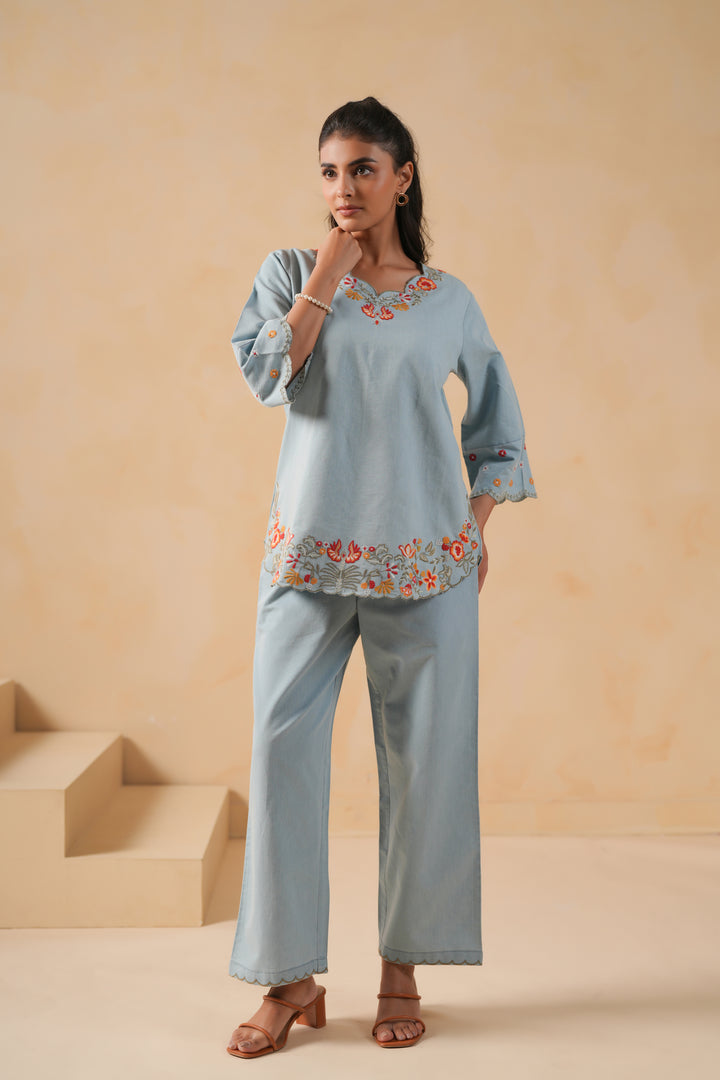 Denim Light Blue  Embroidered Co-Ord Set