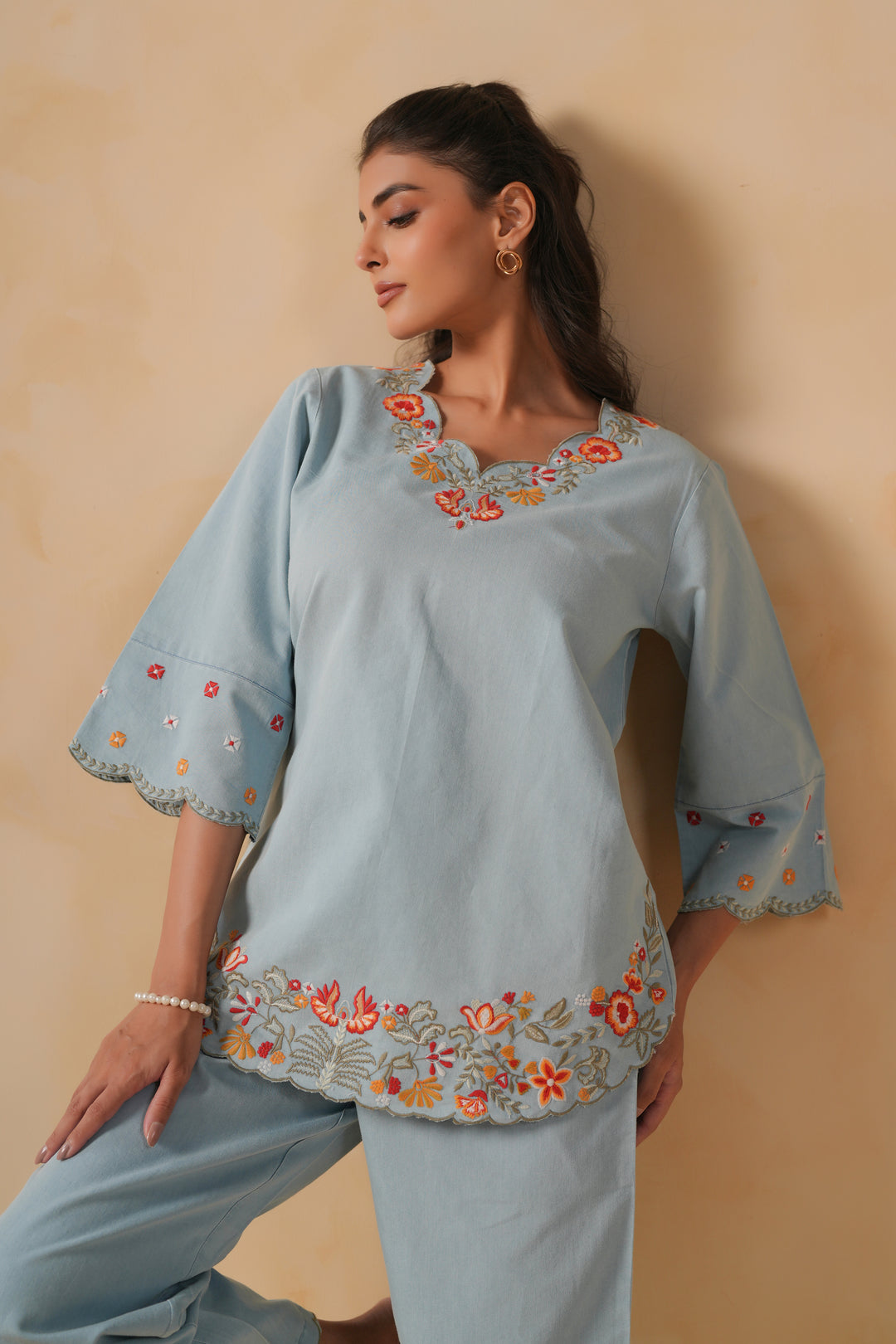 Denim Light Blue  Embroidered Co-Ord Set