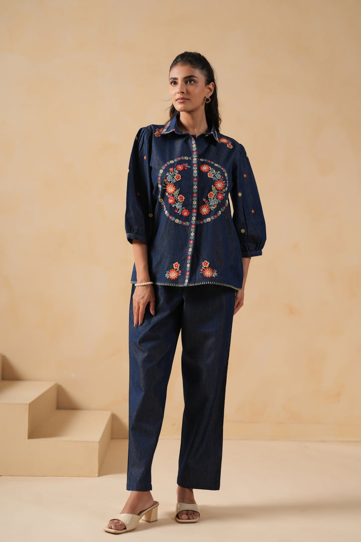 Blue Denim Embroidered Co-ord Set