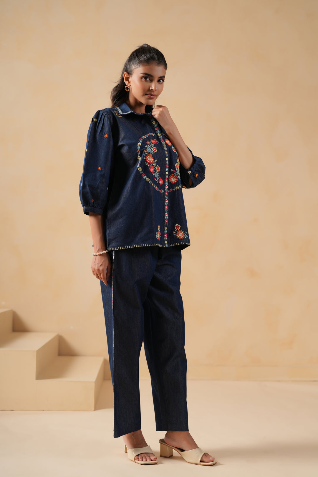 Blue Denim Embroidered Co-ord Set