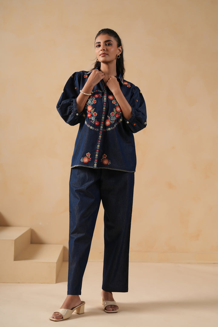 Blue Denim Embroidered Co-ord Set