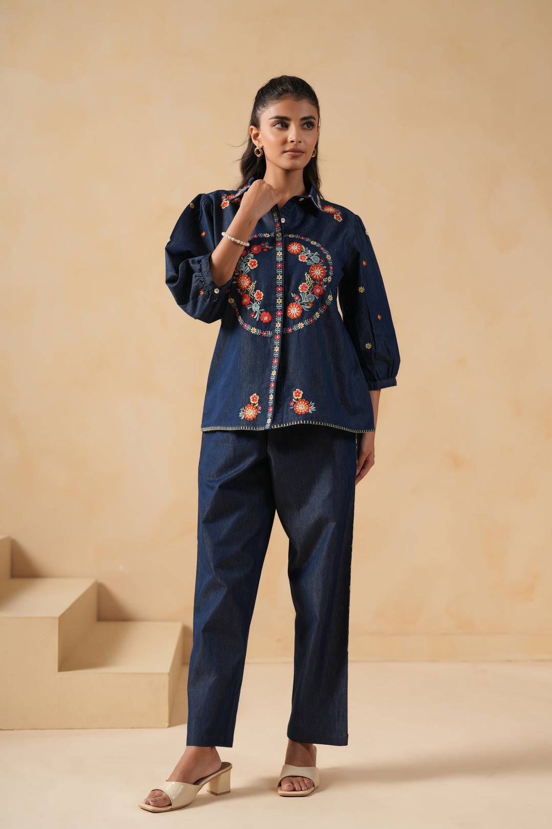Blue Denim Embroidered Co-ord Set
