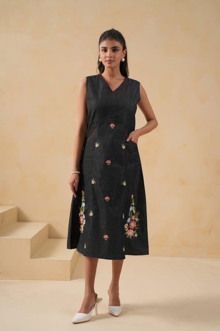 Black Denim Embroidered Designer Dress