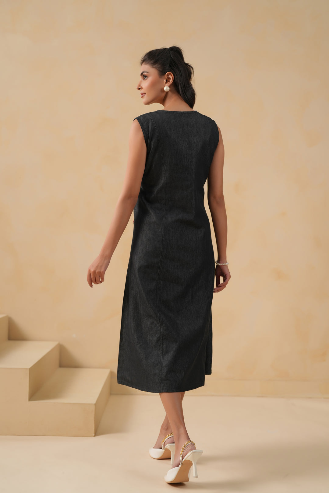 Black Denim Embroidered Designer Dress