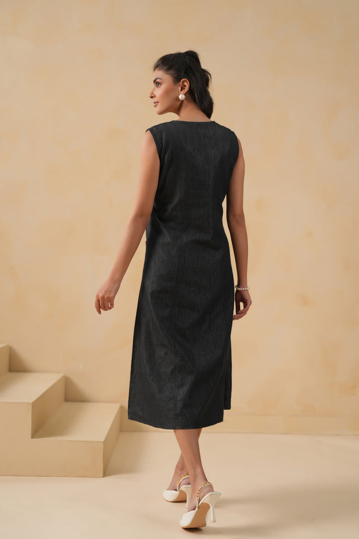 Black Denim Embroidered Designer Dress