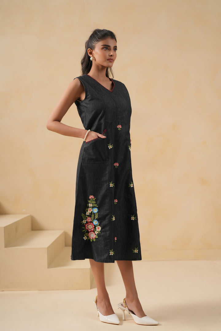 Black Denim Embroidered Designer Dress