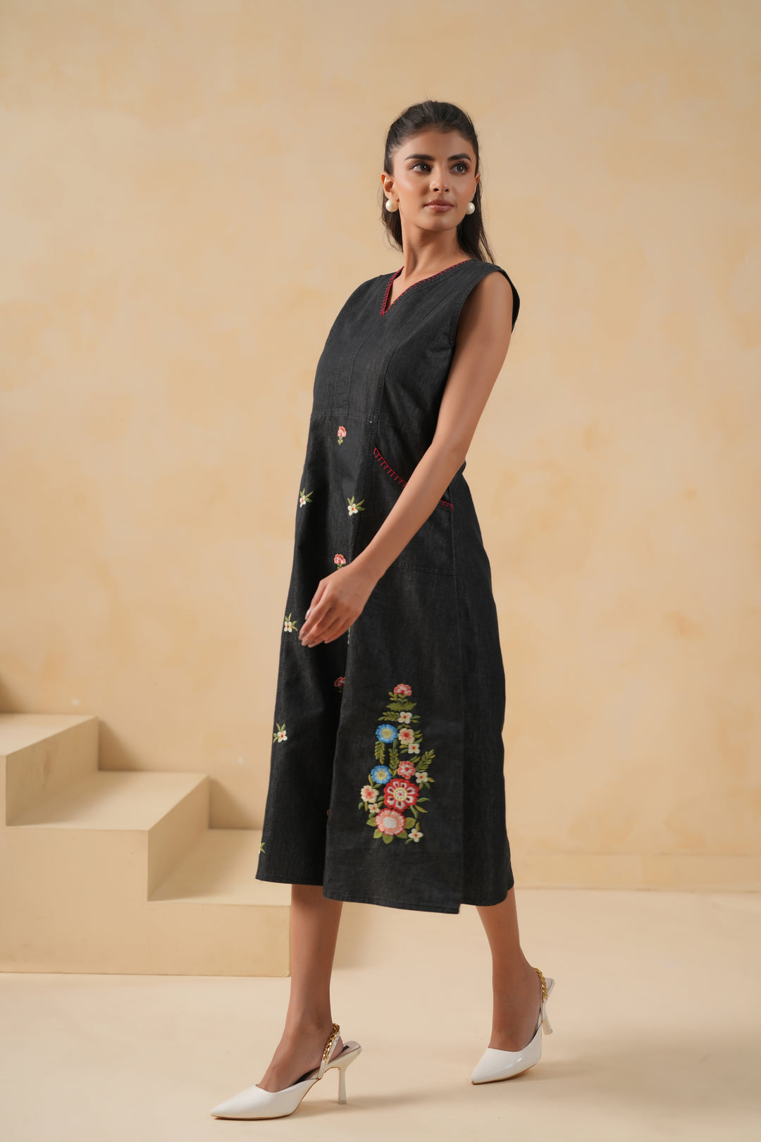 Black Denim Embroidered Designer Dress