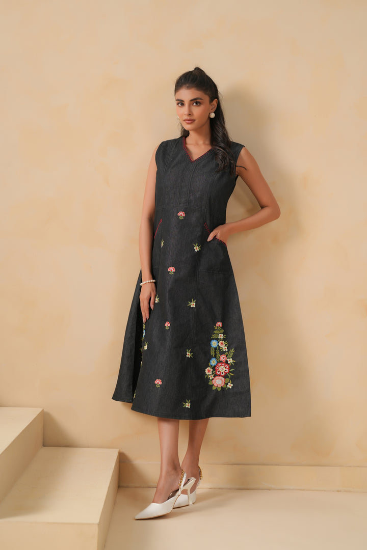 Black Denim Embroidered Designer Dress