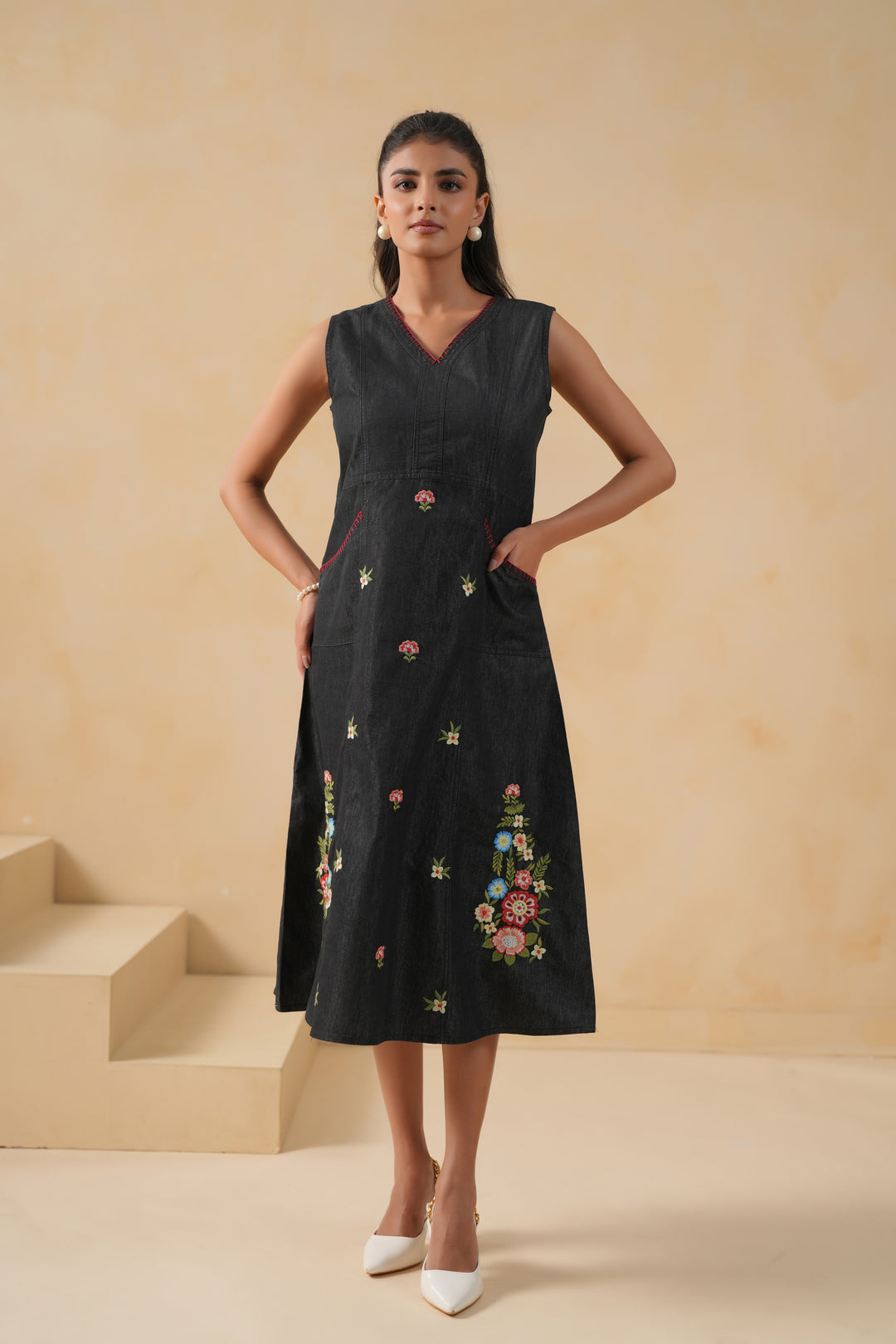Black Denim Embroidered Designer Dress