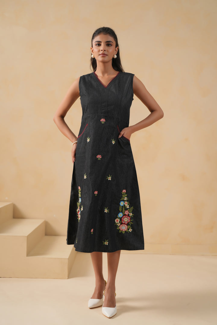 Black Denim Embroidered Designer Dress