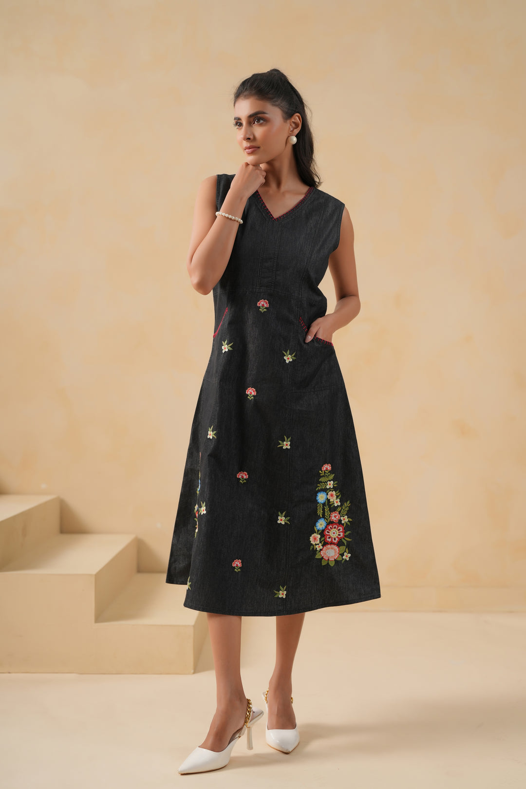 Black Denim Embroidered Designer Dress