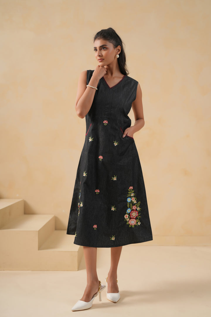 Black Denim Embroidered Designer Dress