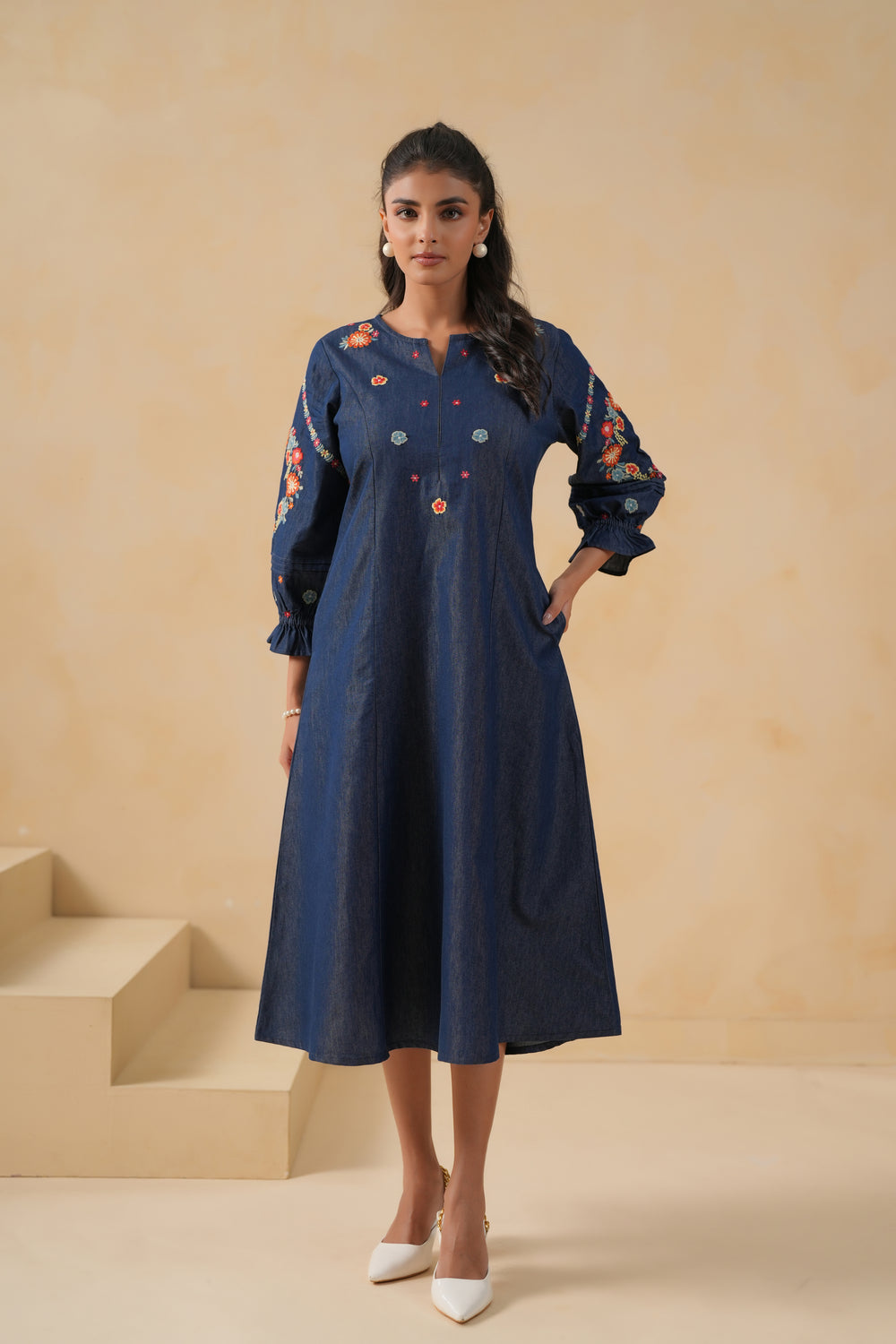 Blue Denim Embroidered A-line Designer Kurta