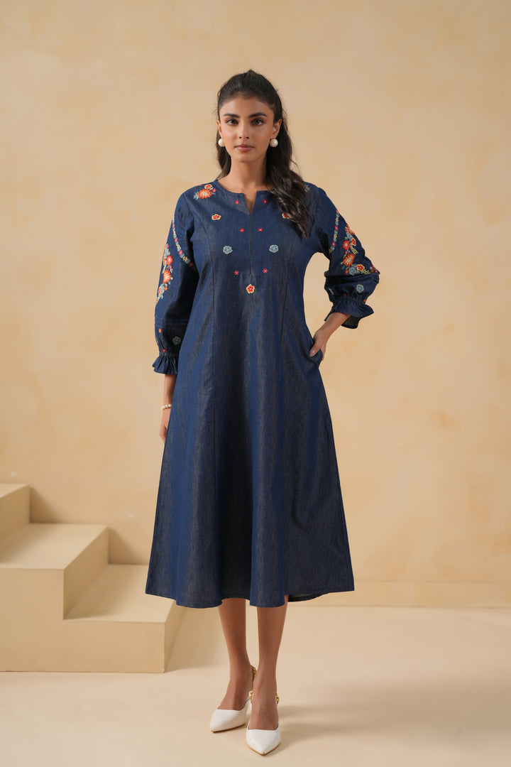 Blue Denim Embroidered A-line Designer Kurta