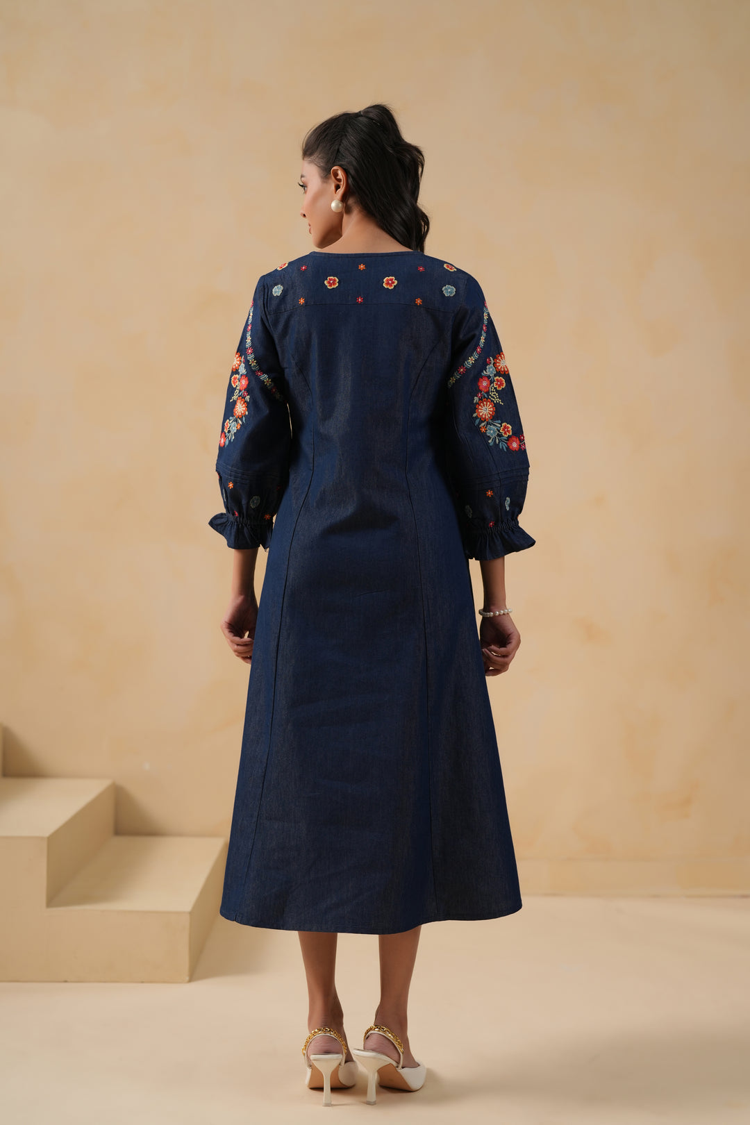 Blue Denim Embroidered A-line Designer Kurta