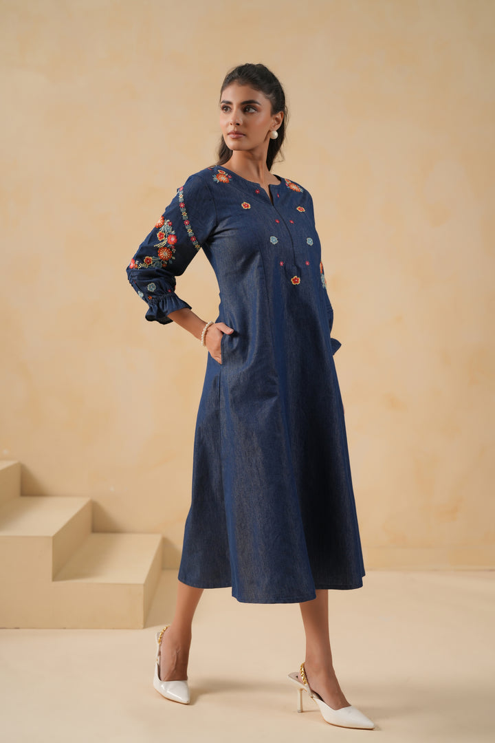 Blue Denim Embroidered A-line Designer Kurta
