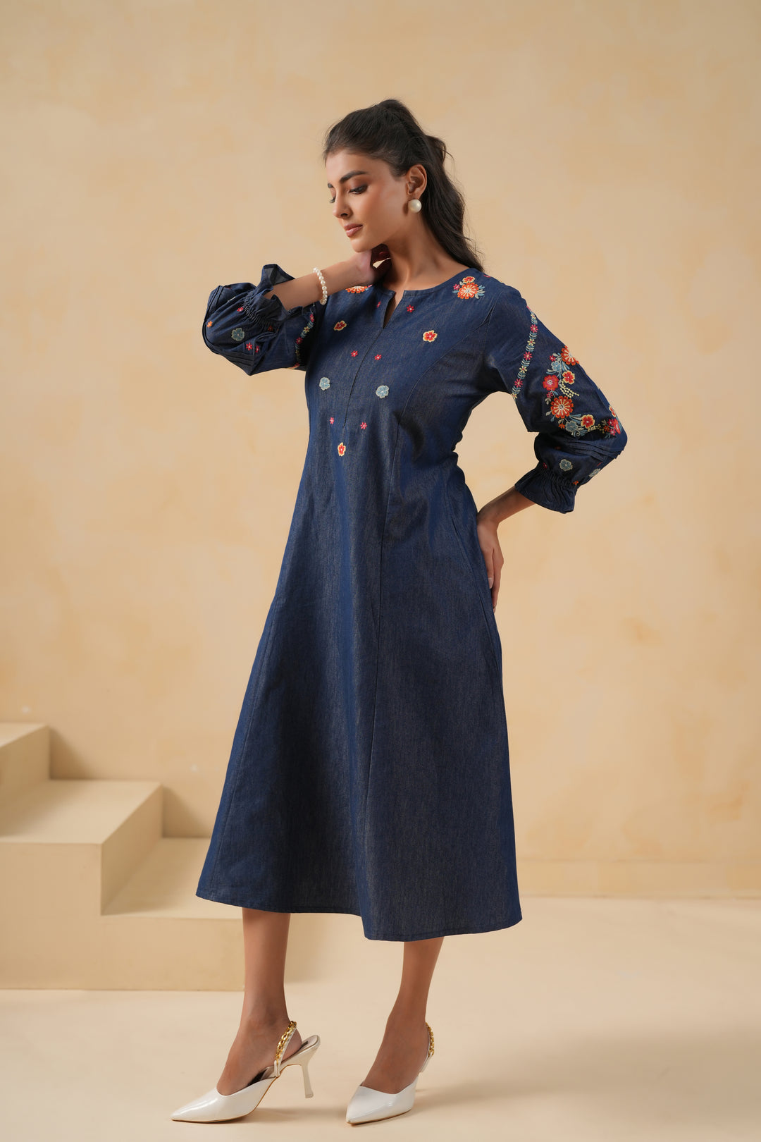 Blue Denim Embroidered A-line Designer Kurta