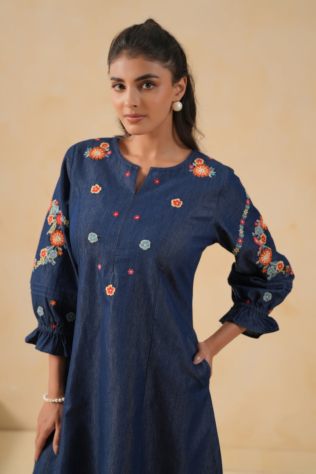 Blue Denim Embroidered A-line Designer Kurta