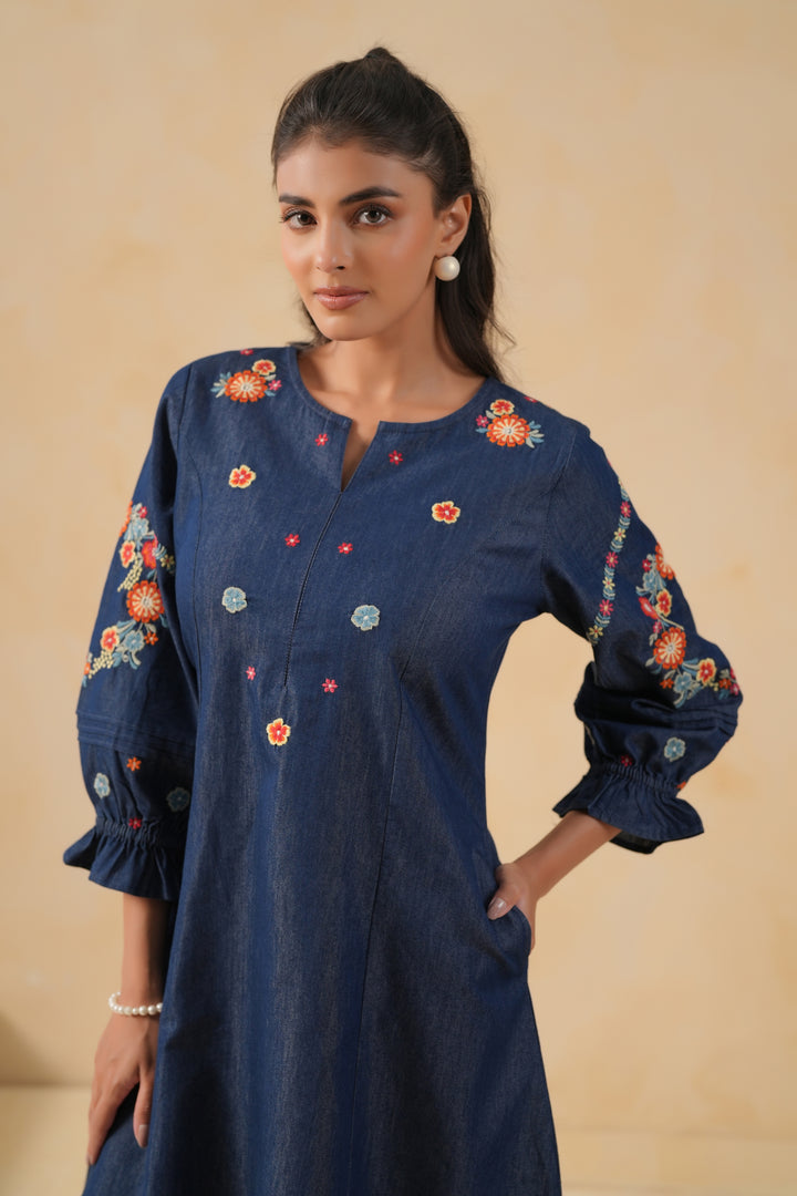 Blue Denim Embroidered A-line Designer Kurta