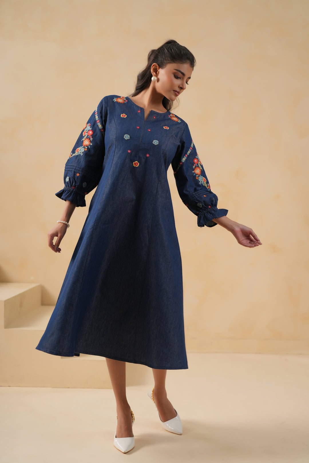 Blue Denim Embroidered A-line Designer Kurta