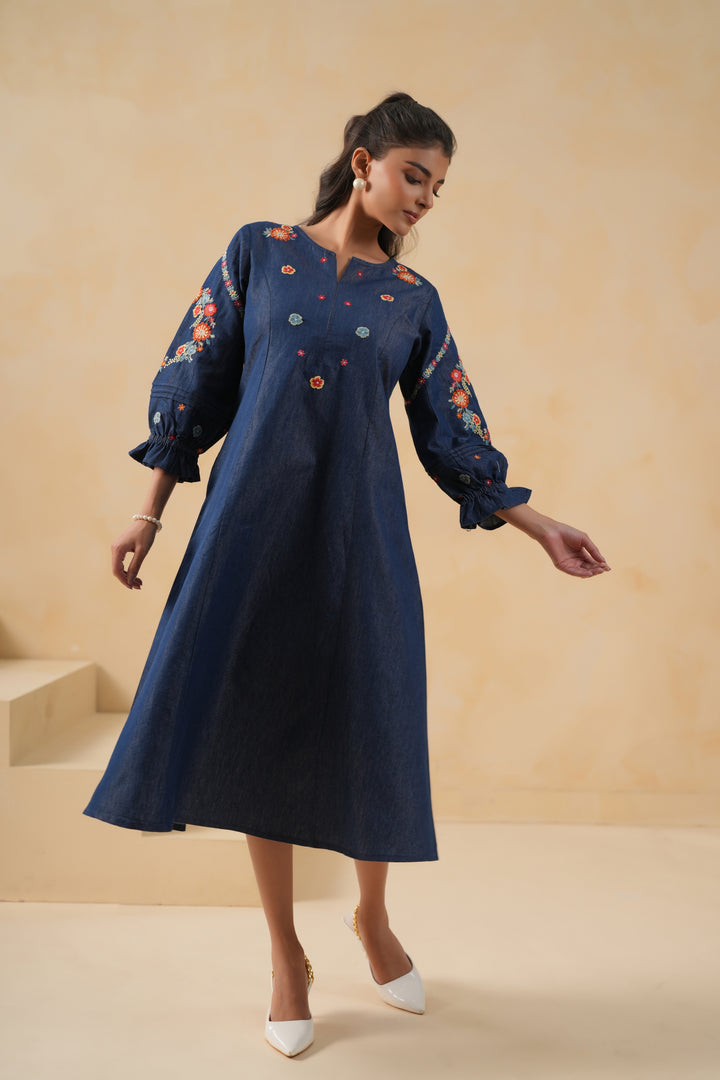 Blue Denim Embroidered A-line Designer Kurta