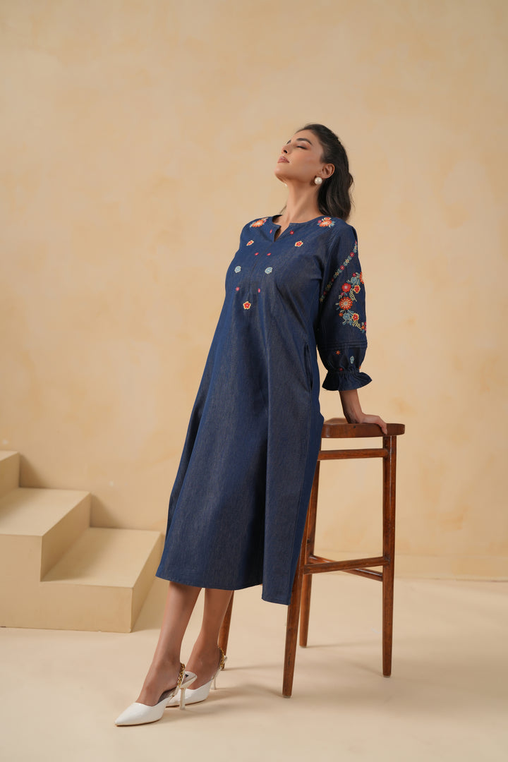 Blue Denim Embroidered A-line Designer Kurta