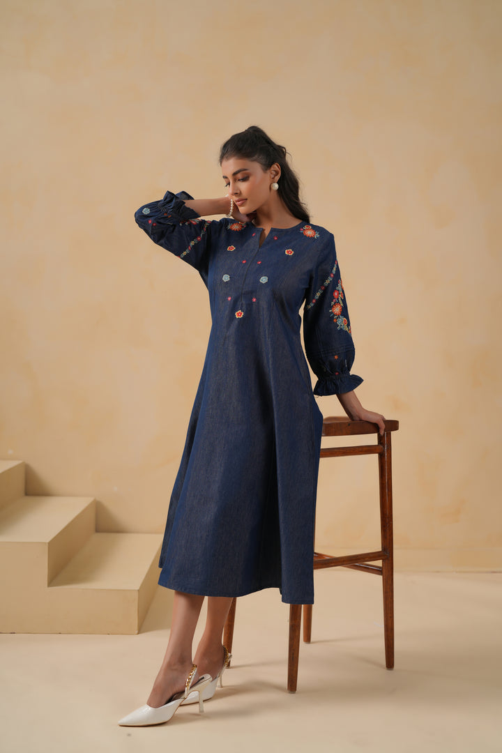 Blue Denim Embroidered A-line Designer Kurta